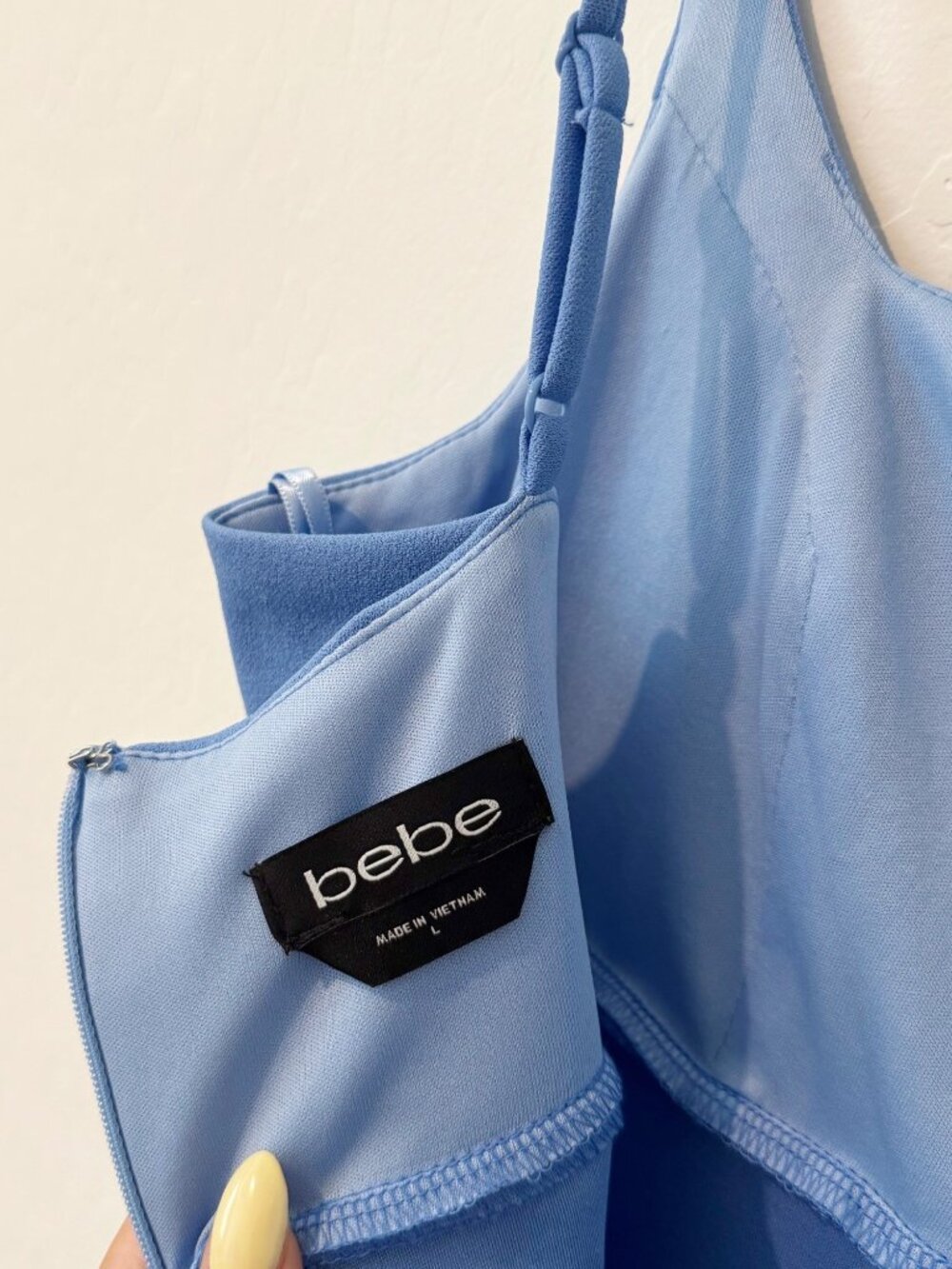 Bebe Ruffle Hem Dress Size Large Wedgewood Blue Square Neck Pastel Cocktail Glam - Picture 9 of 12
